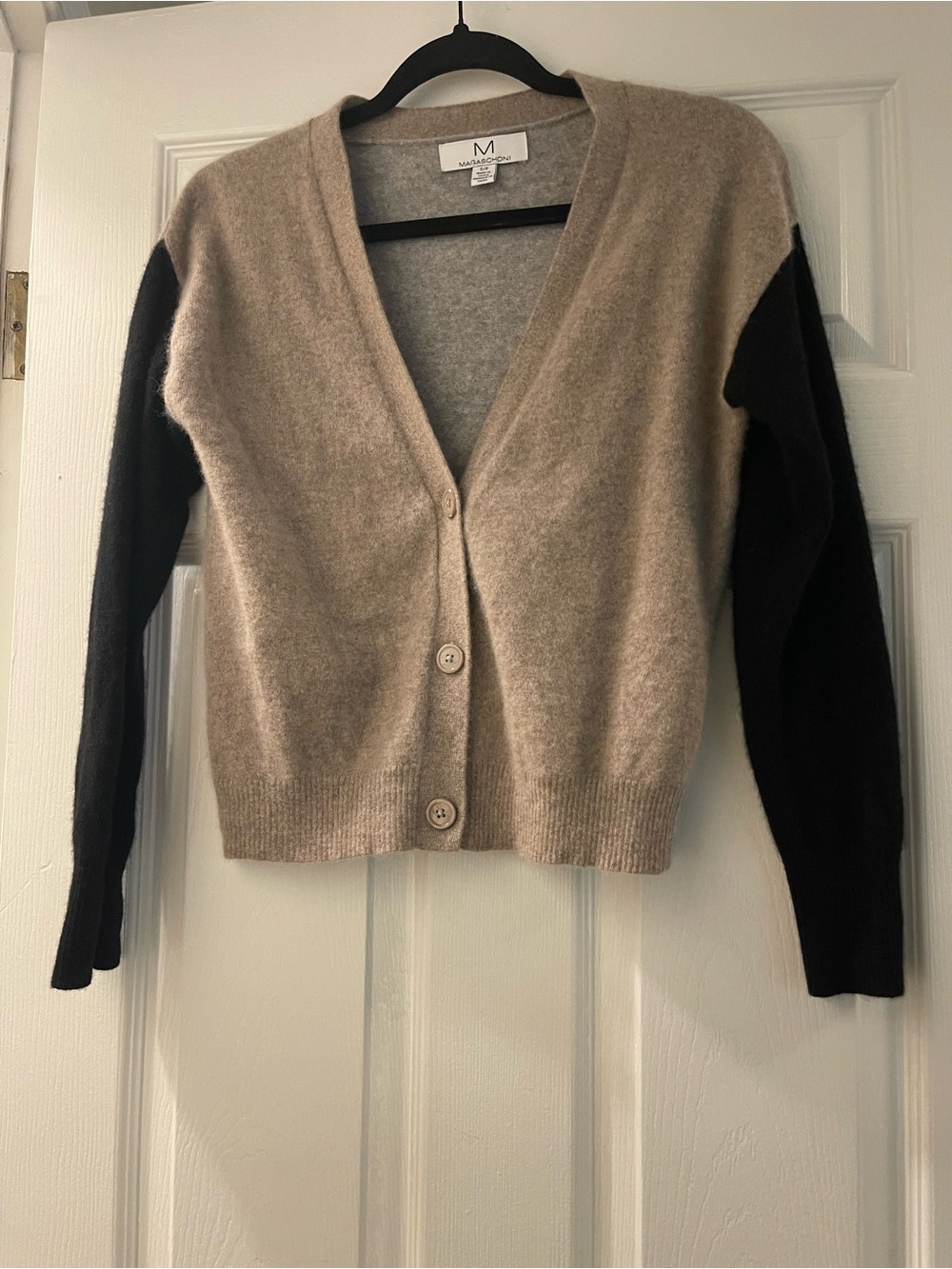 M Magaschoni Cashmere Colorblock V-Neck Cardigan Small Taupe Gray Black